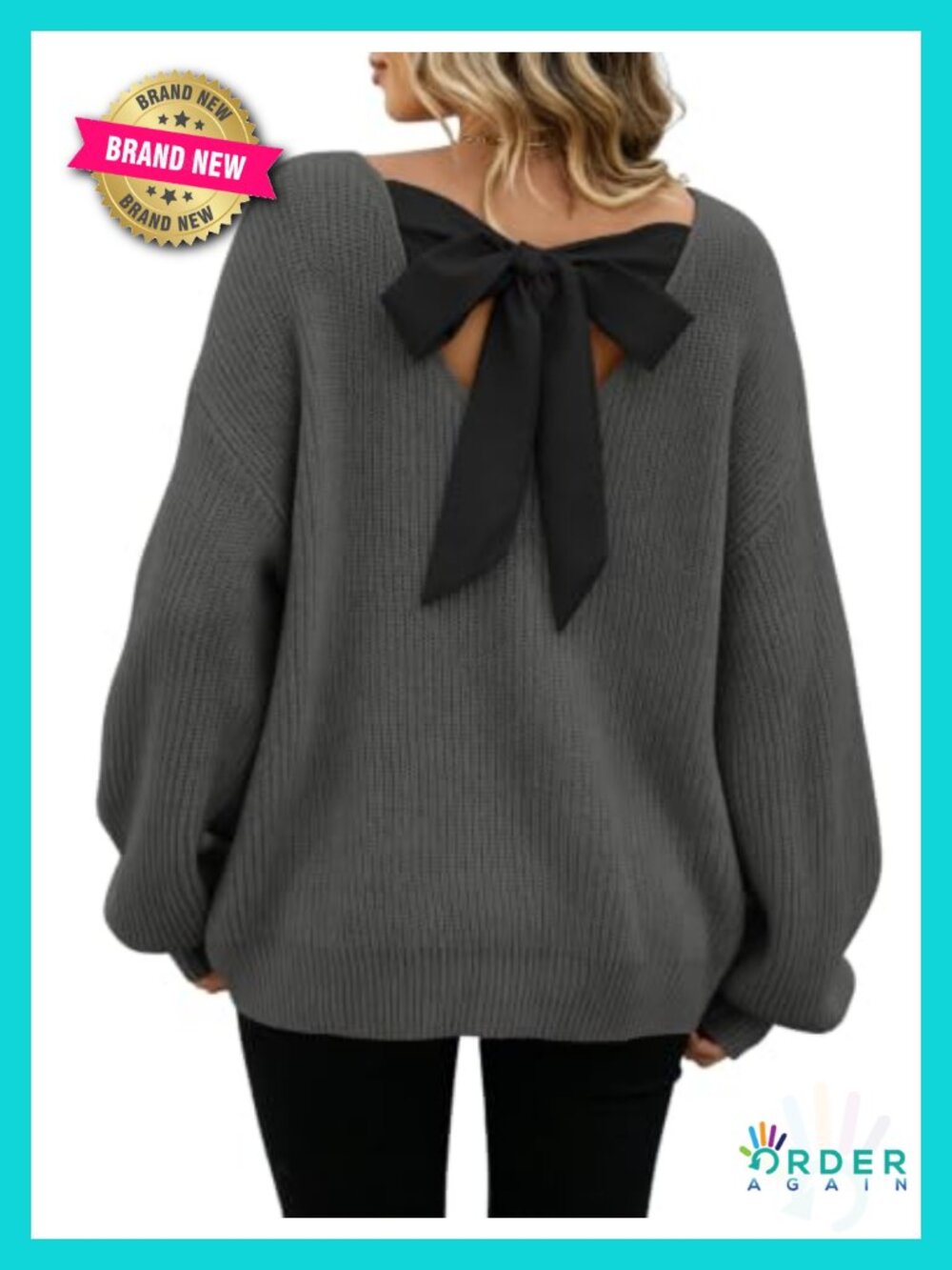Acrylic Chunky Knit Bow Back Sweater Crewneck Pullover